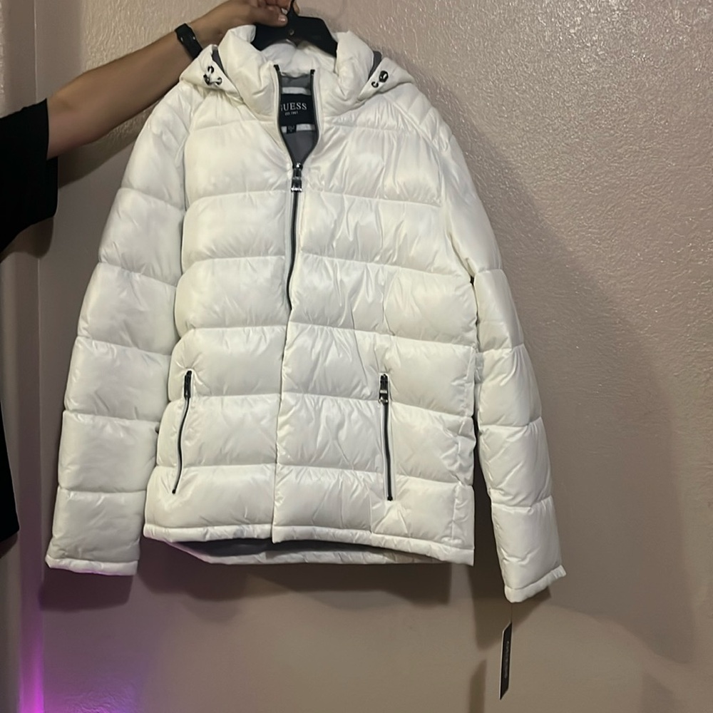 Guess White Men’s Puffer Jacket with Hood Size L/XL
